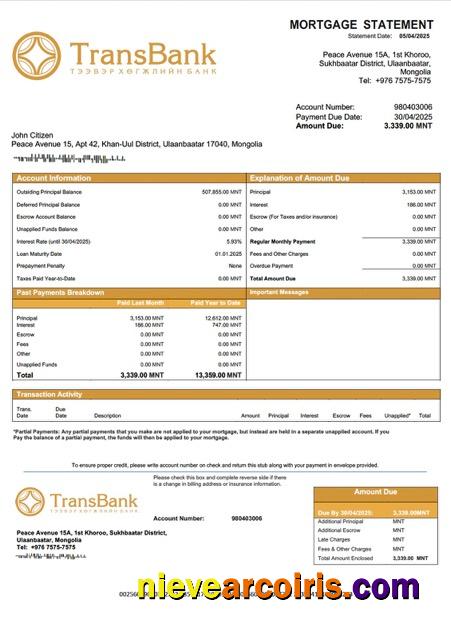 Mongolia Trans Bank mortgage statement Word and PDF template